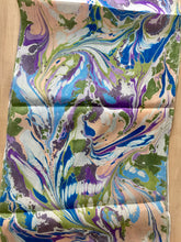 Load image into Gallery viewer, Green, purple, navy and peach random marbled Habotai Silk 14x72"