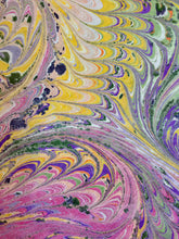 Load image into Gallery viewer, Pink, Purple, Yellow and Green Combed Swirl Patterned Habotai Silk 14x72"