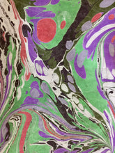 Load image into Gallery viewer, Purple, green, red, black and white marbled Habotai Silk 14x72"