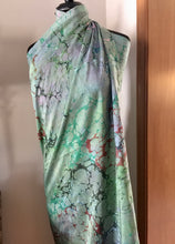 Load image into Gallery viewer, Sarong Wrap 44x69 Habotai Silk. Italian Vein in shades of green with pink, brown, navy and black accents throughout.