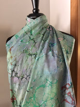 Load image into Gallery viewer, Sarong Wrap 44x69 Habotai Silk. Italian Vein in shades of green with pink, brown, navy and black accents throughout.