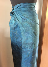 Load image into Gallery viewer, Sarong Wrap 44x69 water marbled Habotai Silk combed and swirled in shades of teal, aqua and navy blue.