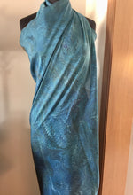 Load image into Gallery viewer, Sarong Wrap 44x69 water marbled Habotai Silk combed and swirled in shades of teal, aqua and navy blue.