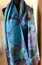 Load image into Gallery viewer, Blue Floral Habotai Silk 14x72 turquoise with red accents. This beautiful silk makes a unique dresser cover and scarf