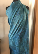 Load image into Gallery viewer, Sarong Wrap 44x69 water marbled Habotai Silk combed and swirled in shades of teal, aqua and navy blue.