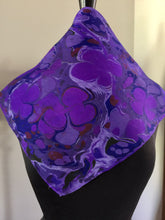 Load image into Gallery viewer, Purple floral 21x21 Square Habotai silk. Wear this unique piece in your hair, as a neckerchief, pocket square, or accessorize your dog.