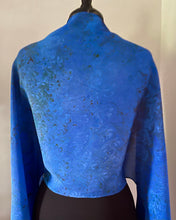 Load image into Gallery viewer, Blue bouquet shawl.  Crepe de chine 72x22 ” bold fun. This beautiful silk makes a unique  dresser cover and scarf.
