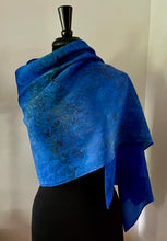 Load image into Gallery viewer, Blue bouquet shawl.  Crepe de chine 72x22 ” bold fun. This beautiful silk makes a unique  dresser cover and scarf.
