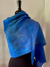 Load image into Gallery viewer, Blue bouquet shawl.  Crepe de chine 72x22 ” bold fun. This beautiful silk makes a unique  dresser cover and scarf.
