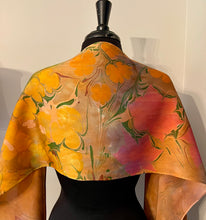 Load image into Gallery viewer, Klimt’s Flowers Multidyed Charmeuse Silk 72x14” bold fun. This beautiful  silk makes a unique dresser cover and scarf
