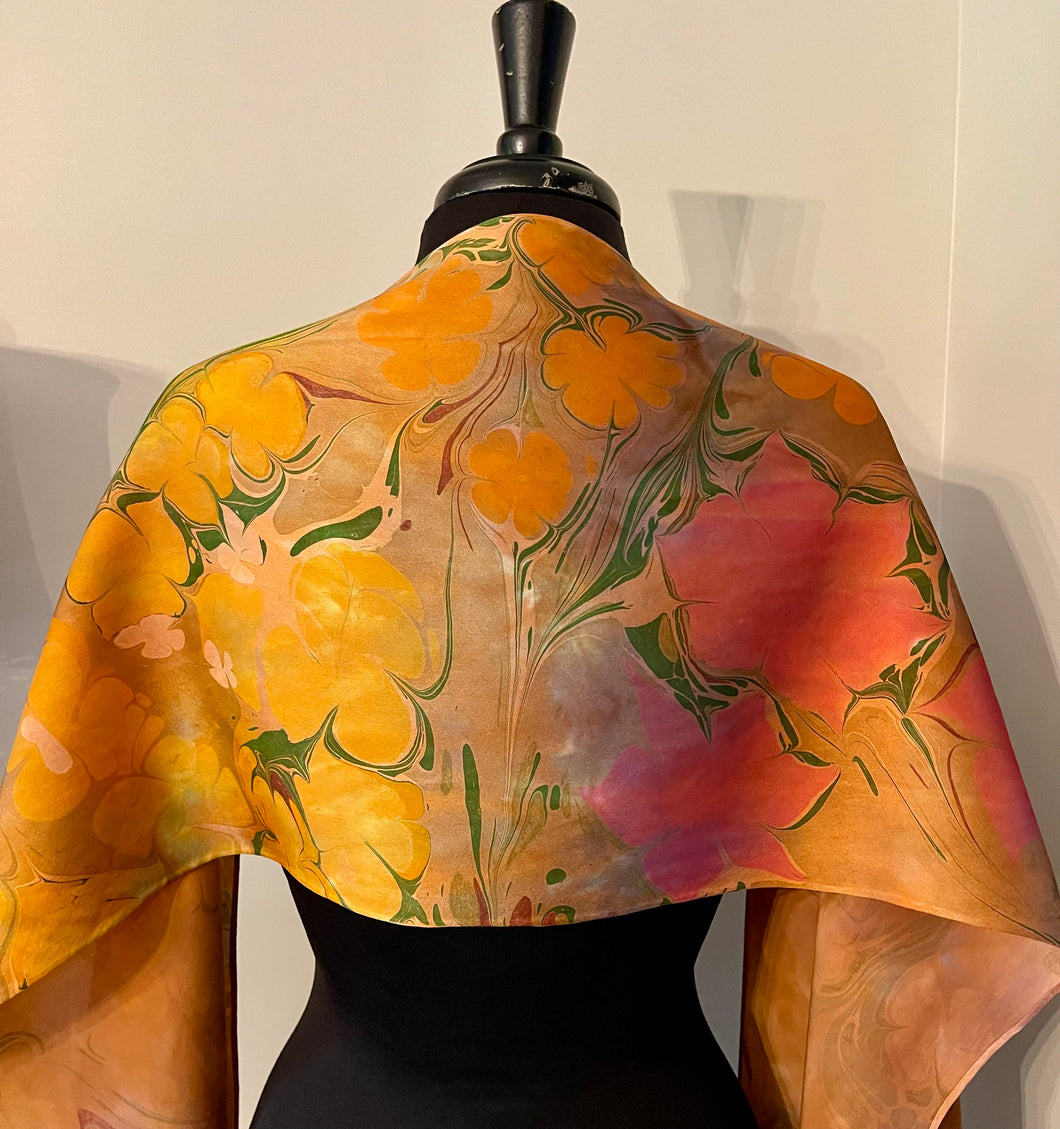 Klimt’s Flowers Multidyed Charmeuse Silk 72x14” bold fun. This beautiful  silk makes a unique dresser cover and scarf