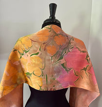 Load image into Gallery viewer, Klimt’s Flowers Multidyed Charmeuse Silk 72x14” bold fun. This beautiful  silk makes a unique dresser cover and scarf

