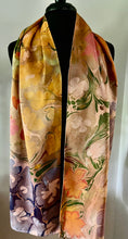Load image into Gallery viewer, Klimt’s Flowers Multidyed Charmeuse Silk 72x14” bold fun. This beautiful  silk makes a unique dresser cover and scarf
