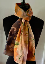 Load image into Gallery viewer, Klimt’s Flowers Multidyed Charmeuse Silk 72x14” bold fun. This beautiful  silk makes a unique dresser cover and scarf
