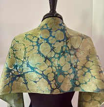 Load image into Gallery viewer, Green Italian Vein marbled  Charmeuse  Silk 72x14” bold fun. This beautiful  silk makes a unique dresser cover and scarf.
