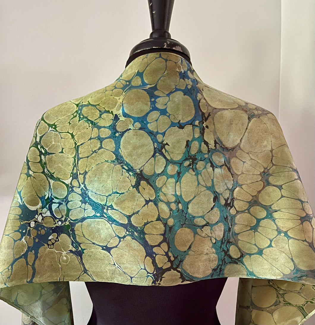 Green Italian Vein marbled  Charmeuse  Silk 72x14” bold fun. This beautiful  silk makes a unique dresser cover and scarf.