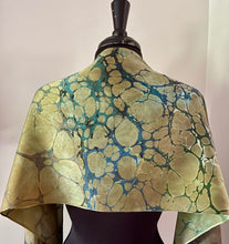 Load image into Gallery viewer, Green Italian Vein marbled  Charmeuse  Silk 72x14” bold fun. This beautiful  silk makes a unique dresser cover and scarf.
