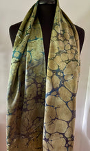 Load image into Gallery viewer, Green Italian Vein marbled  Charmeuse  Silk 72x14” bold fun. This beautiful  silk makes a unique dresser cover and scarf.
