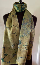 Load image into Gallery viewer, Green Italian Vein marbled  Charmeuse  Silk 72x14” bold fun. This beautiful  silk makes a unique dresser cover and scarf.
