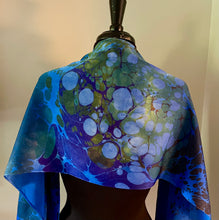 Load image into Gallery viewer, Blue Random Colors marbled  Charmeuse  Silk 72x14” bold fun. This beautiful  silk makes a unique dresser  cover,  tapestry and scarf.
