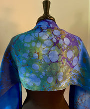 Load image into Gallery viewer, Blue Random Colors marbled  Charmeuse  Silk 72x14” bold fun. This beautiful  silk makes a unique dresser  cover,  tapestry and scarf.
