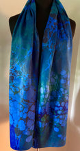 Load image into Gallery viewer, Blue Random Colors marbled  Charmeuse  Silk 72x14” bold fun. This beautiful  silk makes a unique dresser  cover,  tapestry and scarf.

