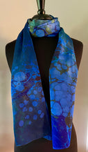 Load image into Gallery viewer, Blue Random Colors marbled  Charmeuse  Silk 72x14” bold fun. This beautiful  silk makes a unique dresser  cover,  tapestry and scarf.
