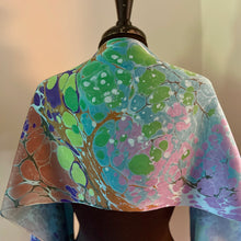 Load image into Gallery viewer, Blue Random Colors marbled  Charmeuse  Silk 72x14” bold fun. This beautiful  silk makes a unique dresser cover, tapestry and scarf.
