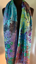 Load image into Gallery viewer, Blue Random Colors marbled  Charmeuse  Silk 72x14” bold fun. This beautiful  silk makes a unique dresser cover, tapestry and scarf.
