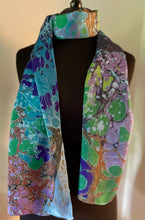 Load image into Gallery viewer, Blue Random Colors marbled  Charmeuse  Silk 72x14” bold fun. This beautiful  silk makes a unique dresser cover, tapestry and scarf.

