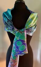 Load image into Gallery viewer, Blue Random Colors marbled  Charmeuse  Silk 72x14” bold fun. This beautiful  silk makes a unique dresser cover, tapestry and scarf.

