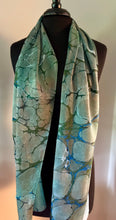 Load image into Gallery viewer, Green Italian Vein marbled  Charmeuse  Silk 72x14” bold fun. This beautiful silk makes a unique dresser cover and scarf.

