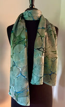 Load image into Gallery viewer, Green Italian Vein marbled  Charmeuse  Silk 72x14” bold fun. This beautiful silk makes a unique dresser cover and scarf.
