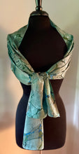 Load image into Gallery viewer, Green Italian Vein marbled  Charmeuse  Silk 72x14” bold fun. This beautiful silk makes a unique dresser cover and scarf.
