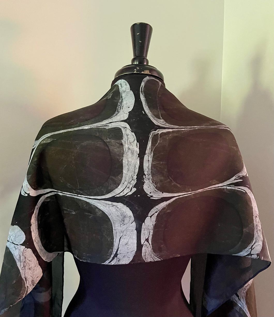 Black Bold Stone Pattern Water Marbled Habotai Silk 14x72.