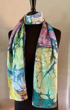 Load image into Gallery viewer, Double sided Garden Charmeuse Silk 72x14” bold fun. This beautiful silk makes a  unique dresser cover and scarf .
