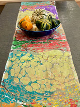 Load image into Gallery viewer, Autumn Beauty double marbled Charmeuse Silk 72x14” bold fun.  This beautiful silk makes a  uniqu e dresser cover and scarf.
