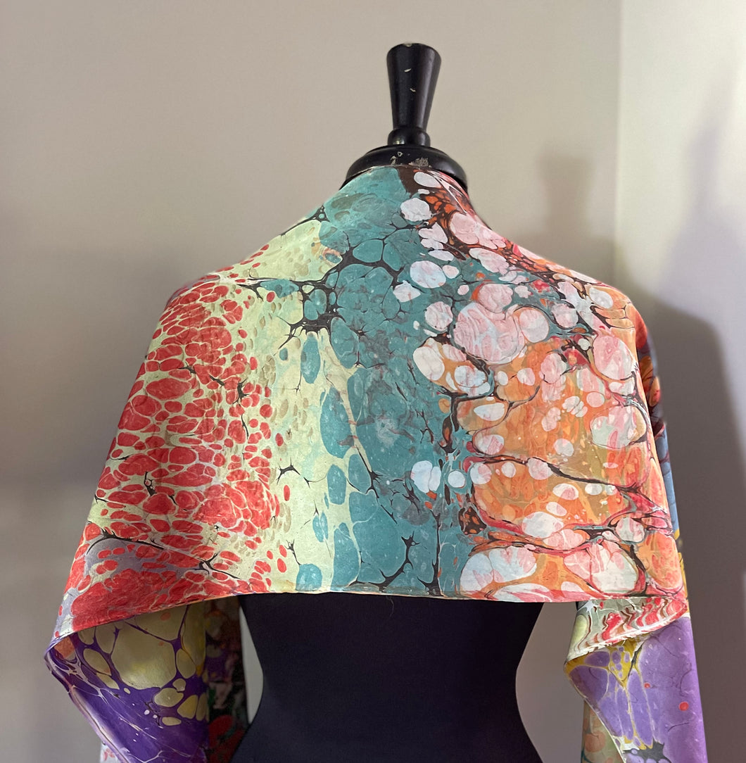 Autumn Beauty double marbled Charmeuse Silk 72x14” bold fun.  This beautiful silk makes a  uniqu e dresser cover and scarf.