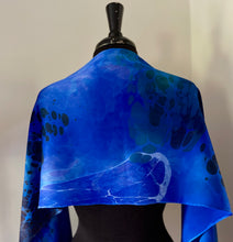 Load image into Gallery viewer, Deep Blue Random Colors marbled  Charmeuse  Silk 72x14” bold fun. This  beautiful silk makes a unique dresser cover,  tapestry and scarf.
