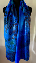 Load image into Gallery viewer, Deep Blue Random Colors marbled  Charmeuse  Silk 72x14” bold fun. This  beautiful silk makes a unique dresser cover,  tapestry and scarf.
