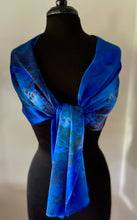 Load image into Gallery viewer, Deep Blue Random Colors marbled  Charmeuse  Silk 72x14” bold fun. This  beautiful silk makes a unique dresser cover,  tapestry and scarf.
