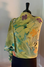 Load image into Gallery viewer, Klimt Flowers Crepe de chine 72x22” bold fun. This beautiful silk shawl  also can  be a shirt and skirt!

