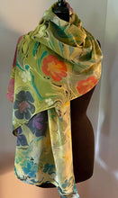Load image into Gallery viewer, Klimt Flowers Crepe de chine 72x22” bold fun. This beautiful silk shawl  also can  be a shirt and skirt!
