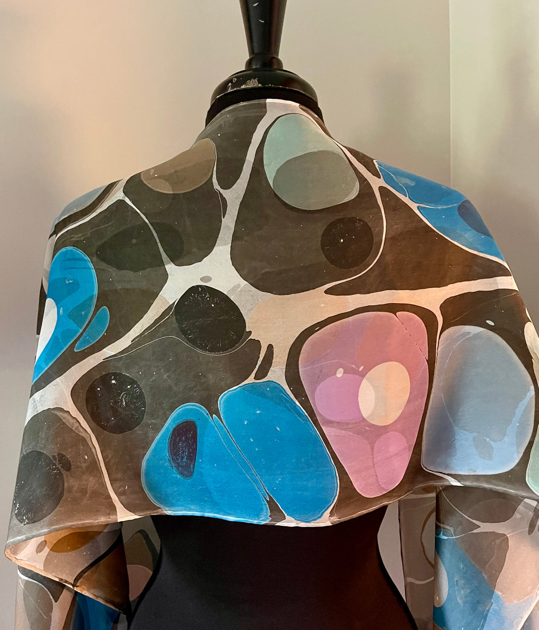 Blue Neutral Stone Pattern Water Marbled Habotai Silk 14x72.  Double sided.