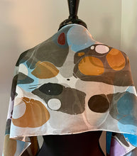 Load image into Gallery viewer, Blue Neutral Stone Pattern Water Marbled Habotai Silk 14x72.  Double sided.
