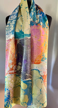 Load image into Gallery viewer, Yellow Blue Orange Multidyed Charmeuse Silk 72x14” bold fun. This beautiful silk makes a unique  dresser cover and scarf
