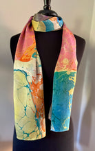 Load image into Gallery viewer, Yellow Blue Orange Multidyed Charmeuse Silk 72x14” bold fun. This beautiful silk makes a unique  dresser cover and scarf
