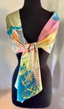 Load image into Gallery viewer, Yellow Blue Orange Multidyed Charmeuse Silk 72x14” bold fun. This beautiful silk makes a unique  dresser cover and scarf
