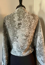 Load image into Gallery viewer, Black &amp; White bouquet two sided shawl.   Crepe de chine 72x22” bold fun. This beautiful silk shawl.  also can be a shirt and skirt!
