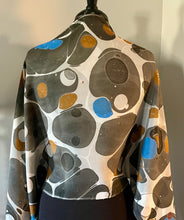 Load image into Gallery viewer, Neutral Blue Stone two sided shawl.   Crepe de chine 72x22” bold fun. This beautiful silk shawl.  also can be a shirt and skirt! )
